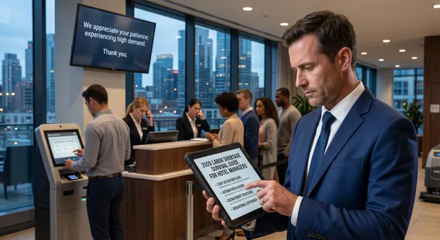 A hotel manager reviewing charts, luxury hotel lobby.
