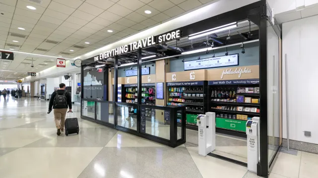 A sleek, checkout-free airport store operating at night.