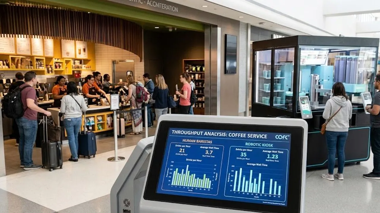 High-speed robotic coffee kiosk, robot barista in a busy airport terminal with travelers.