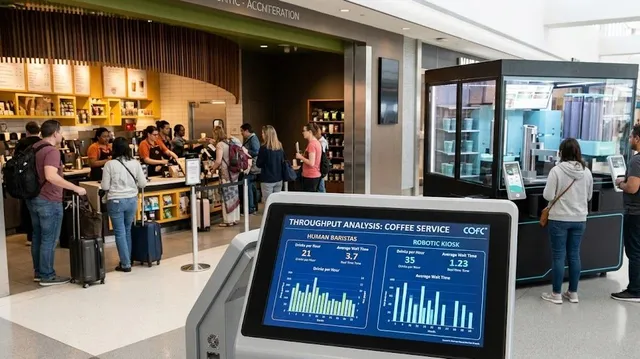 High-speed robotic coffee kiosk, robot barista in a busy airport terminal with travelers.