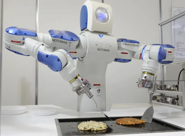 An industrial robotic arm pouring coffee in a minimalist kiosk.
