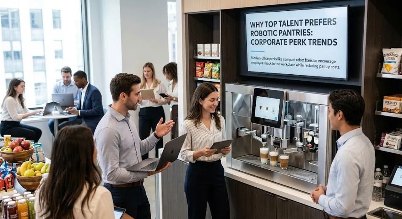 A compact robotic coffee station in a modern, sunlit tech office pantry.