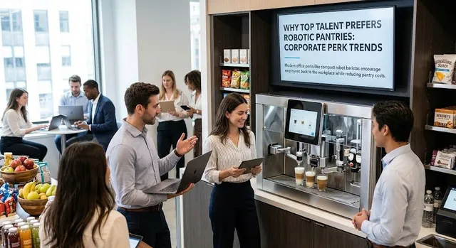 A compact robotic coffee station in a modern, sunlit tech office pantry.