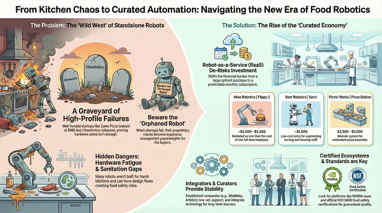 A conceptual illustration of a fragmented robotic landscape converging into a unified, automated kitchen.