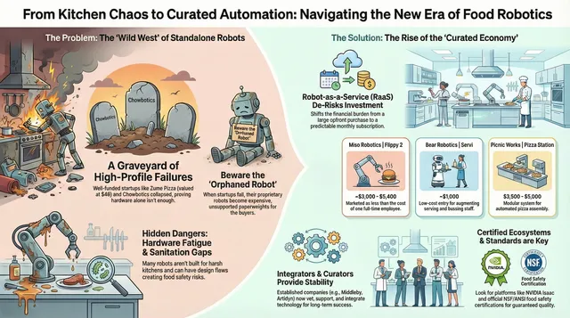 A conceptual illustration of a fragmented robotic landscape converging into a unified, automated kitchen.